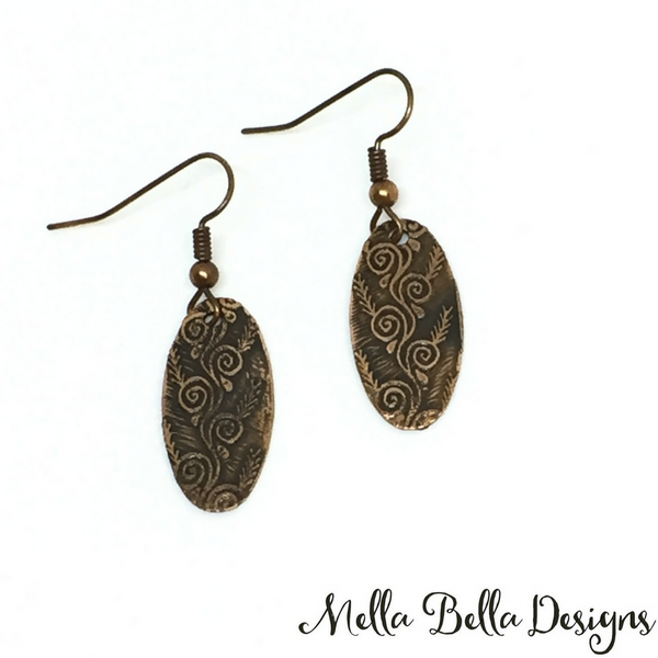 Etched copper swirl earrings