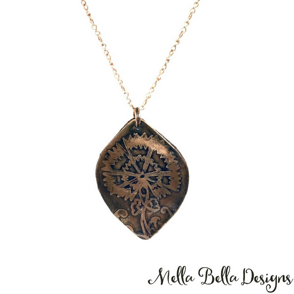 Etched Copper Cornflower Pendant