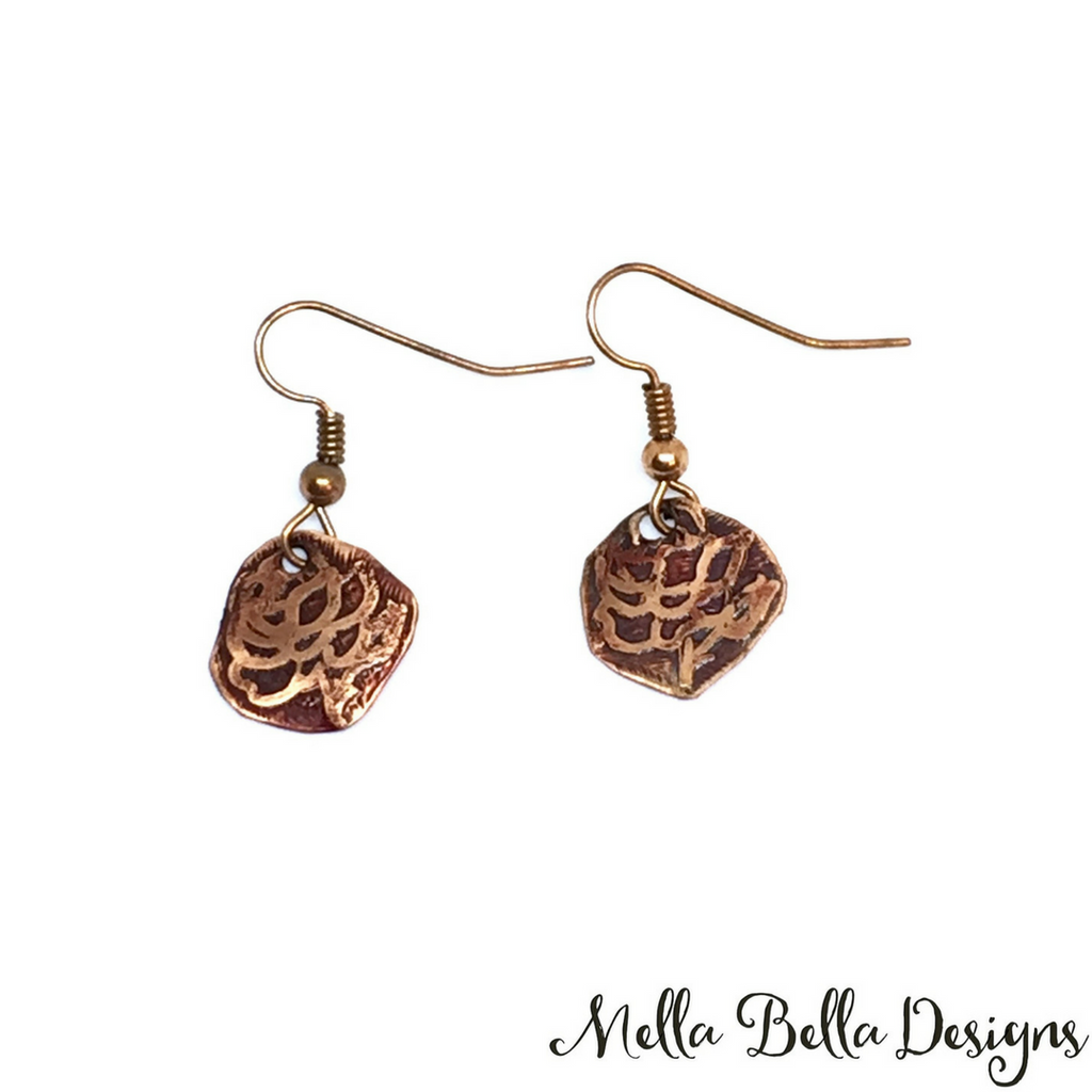 Etched copper rose earrings