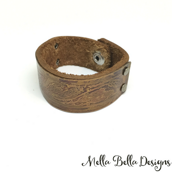 Etched Copper & Leather Bracelet