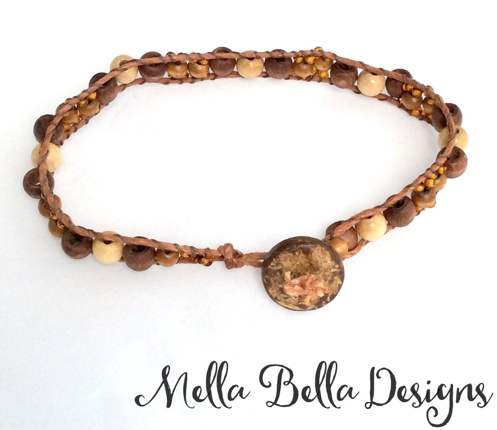 Brown wood bead & cord bracelet