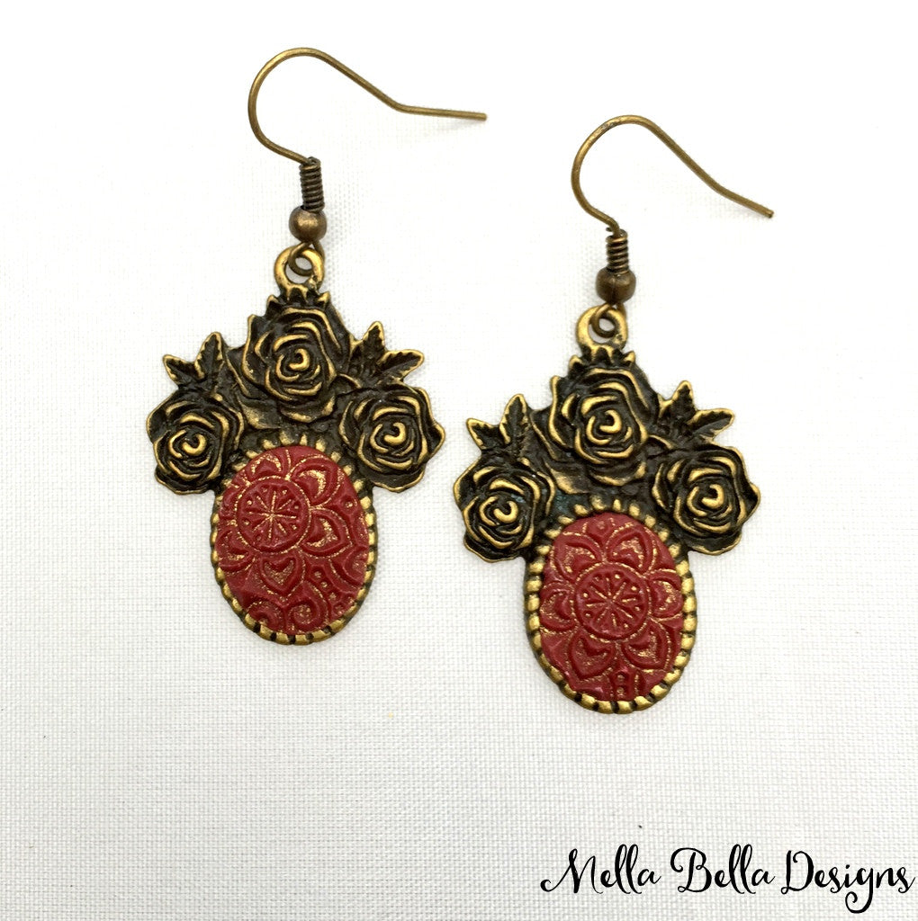 Antique Gold & Burgundy Floral Earrings