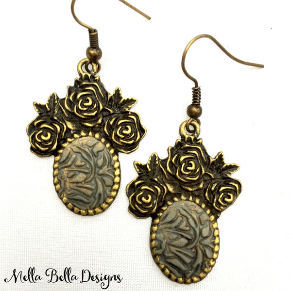 Antique Gold & Grey Floral Earrings